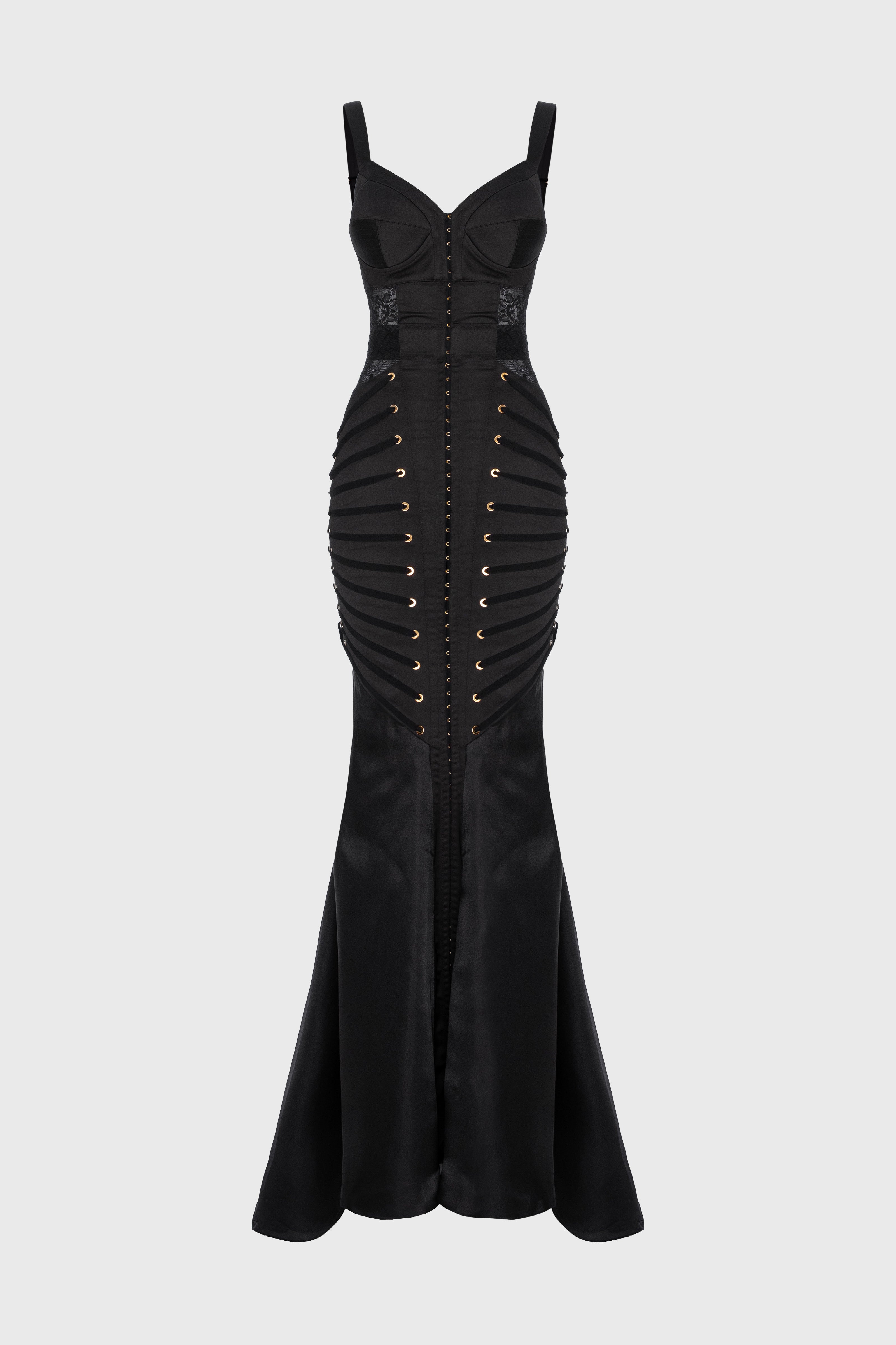 Rochie lunga neagra din satin si dantela Zest