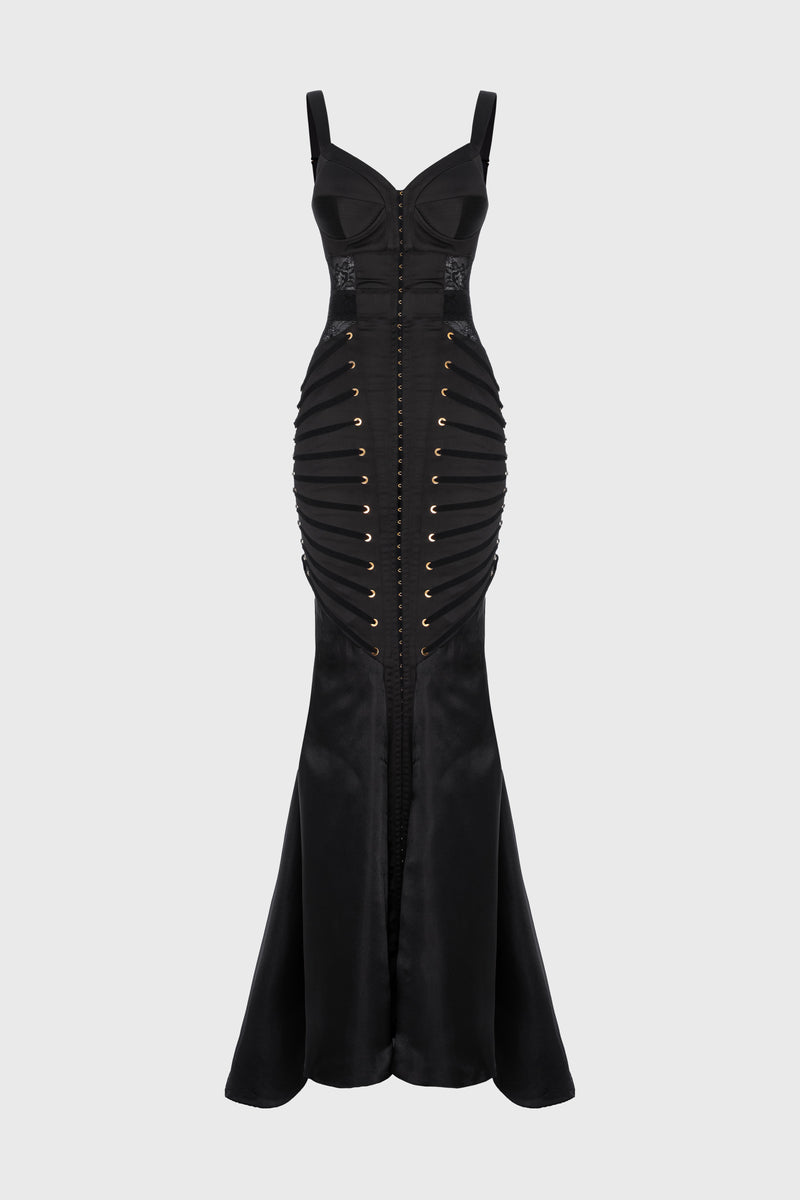 Rochie neagra lunga din satin si dantela Zest