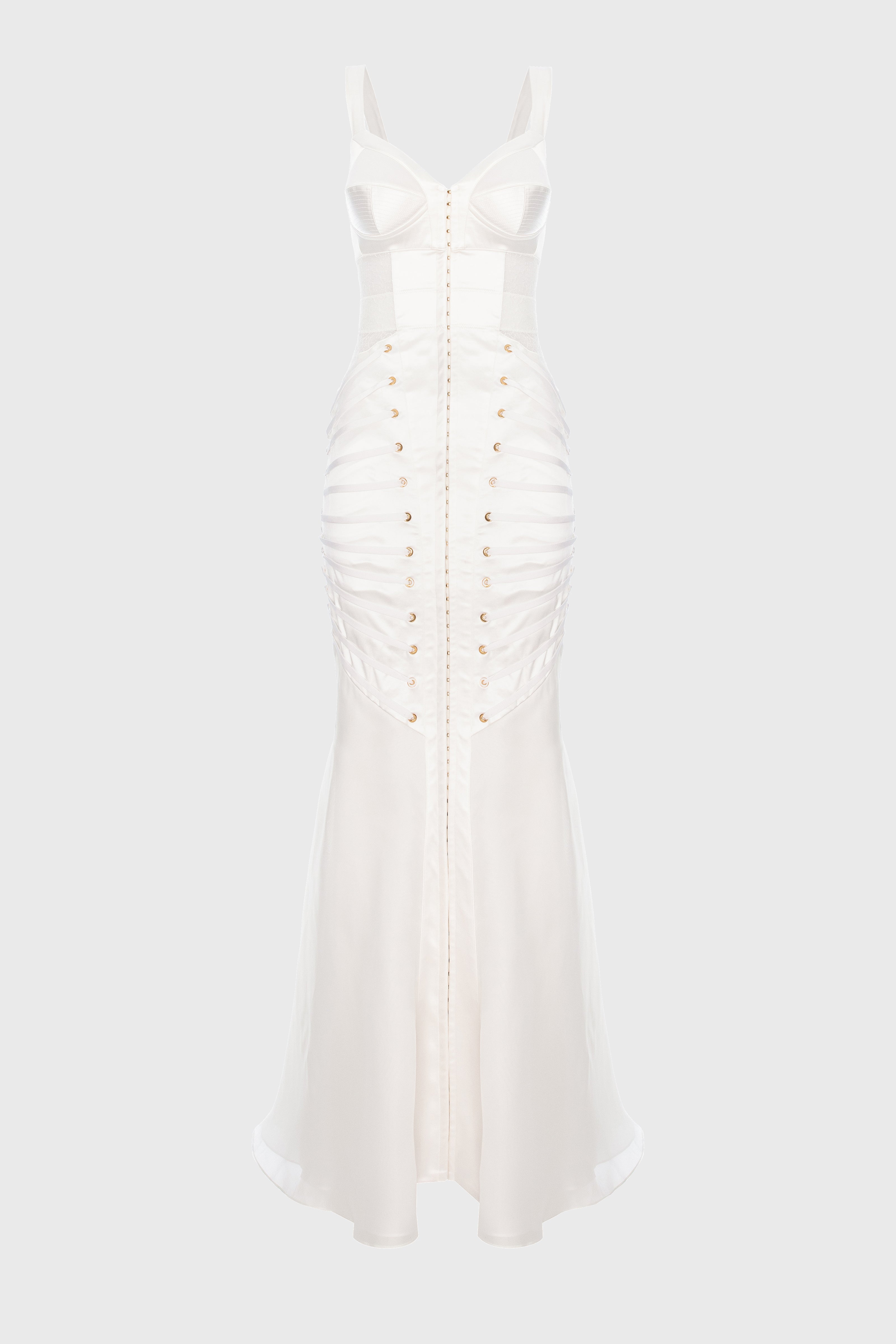 Rochie lunga alba din satin si dantela Zest