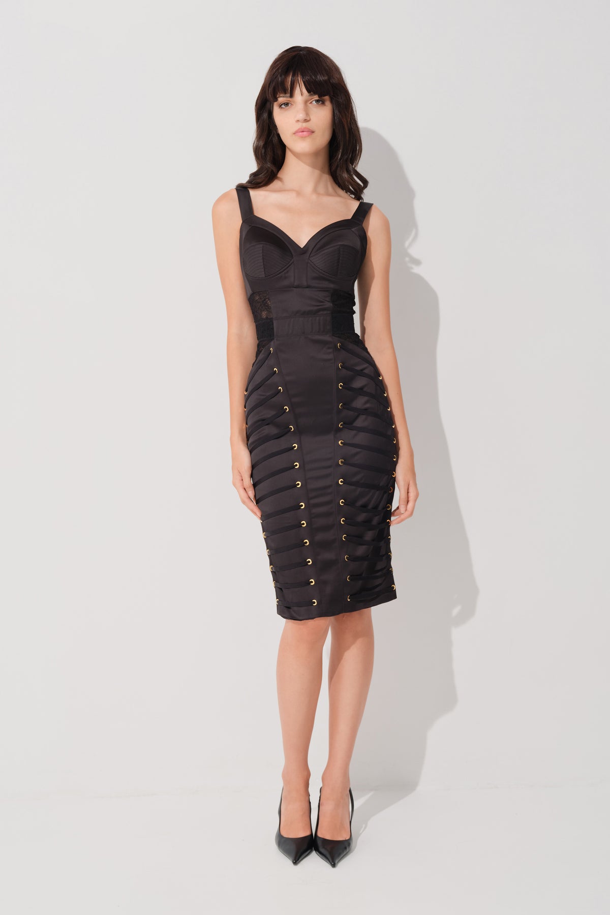 Rochie neagra midi din satin si dantela Zest