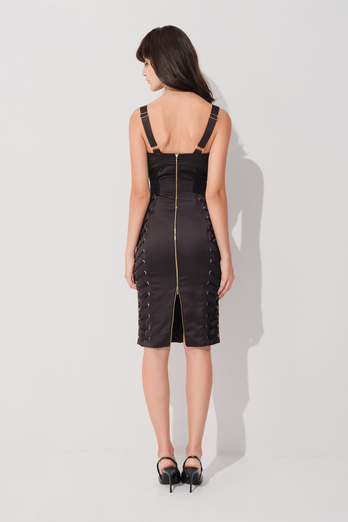 Rochie neagra midi din satin si dantela Zest