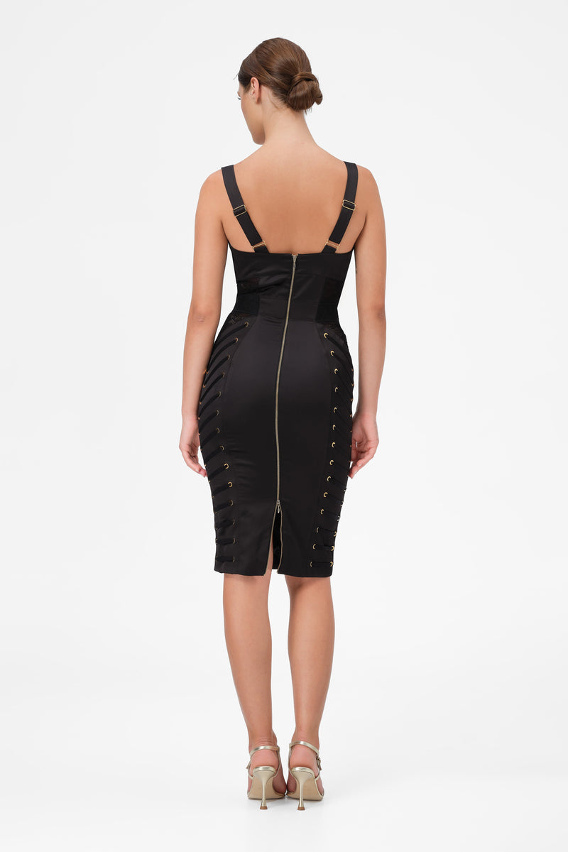 Rochie neagra midi din satin si dantela Zest