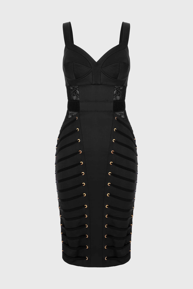 Rochie neagra midi din satin si dantela Zest