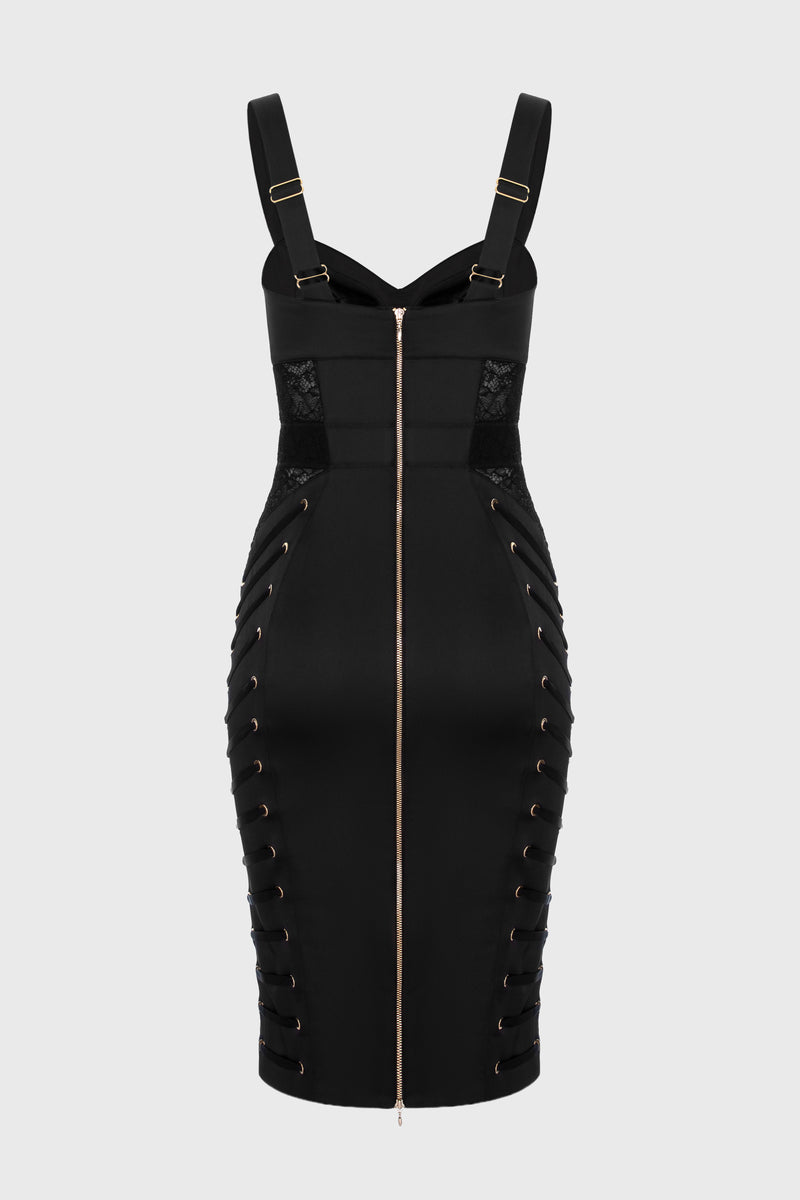 Rochie neagra midi din satin si dantela Zest