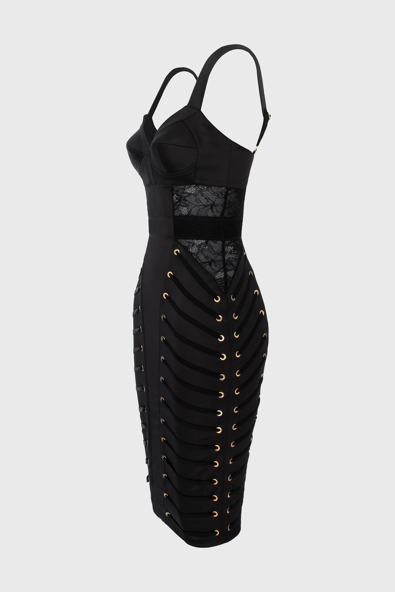 Rochie neagra midi din satin si dantela Zest