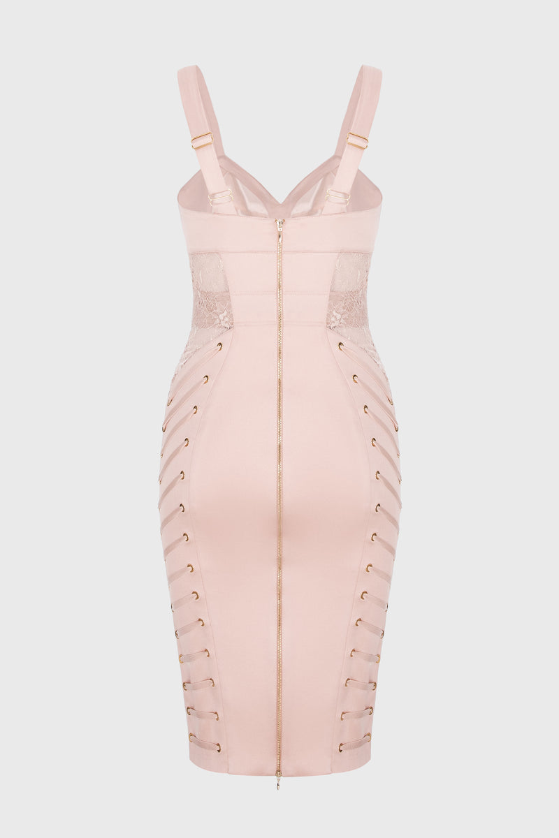 Rochie roz pudra midi din satin si dantela Zest