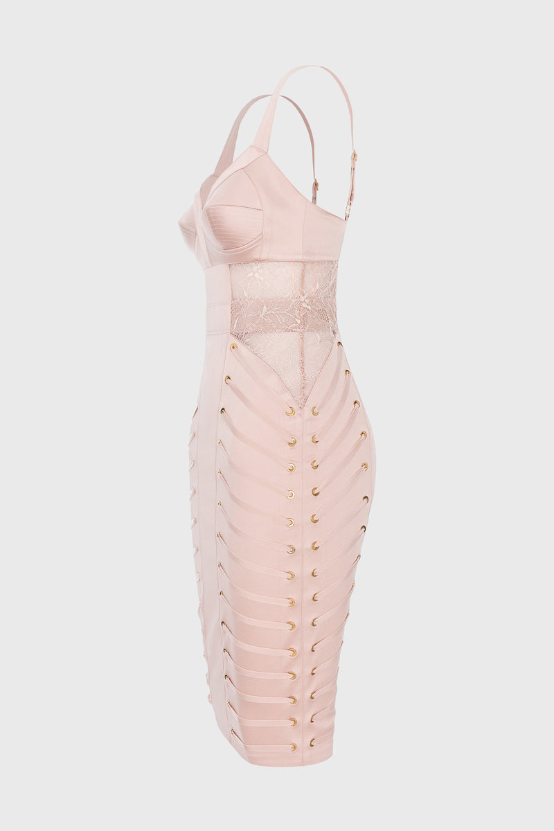 Rochie roz pudra midi din satin si dantela Zest