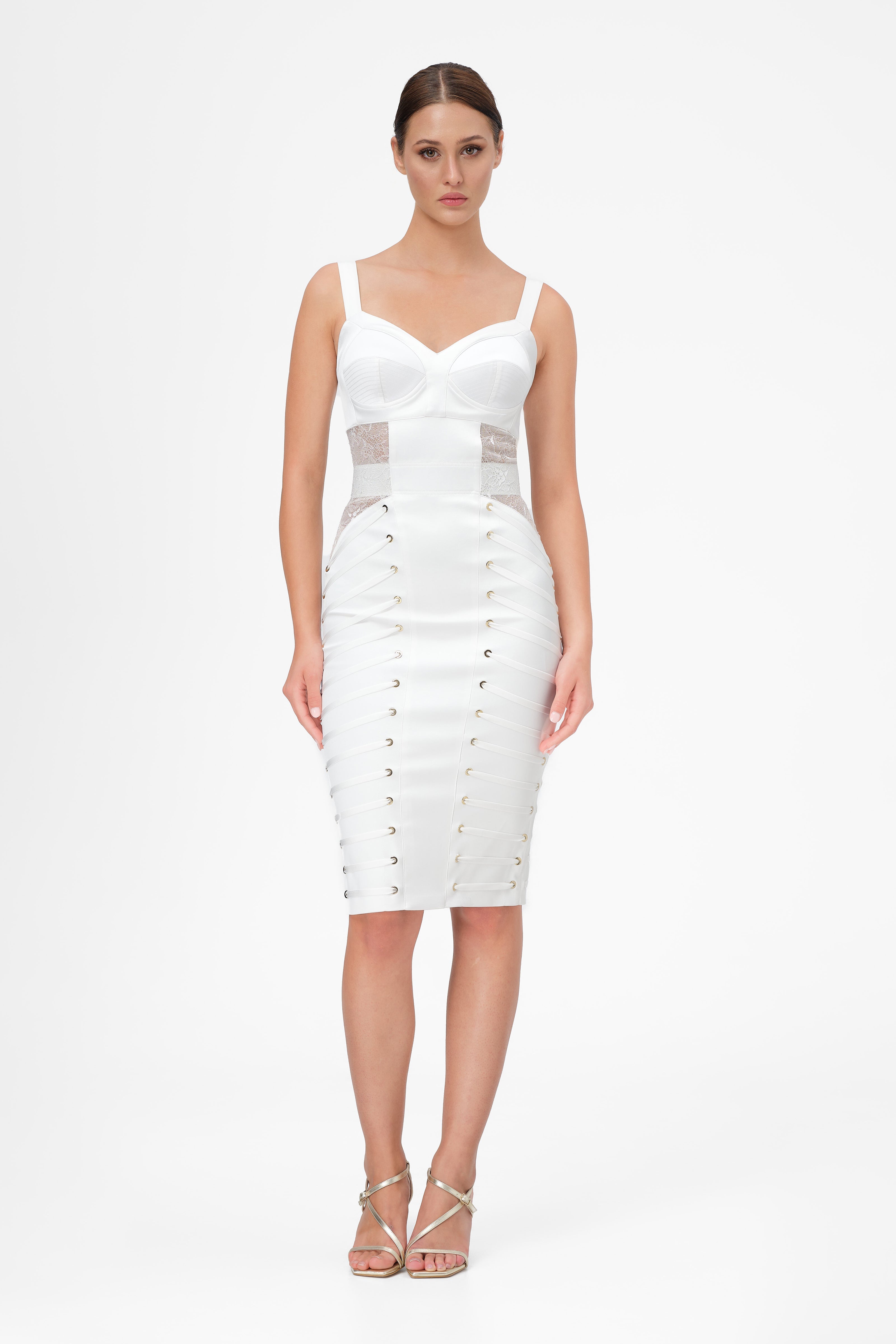 Rochie alba midi din satin si dantela Zest