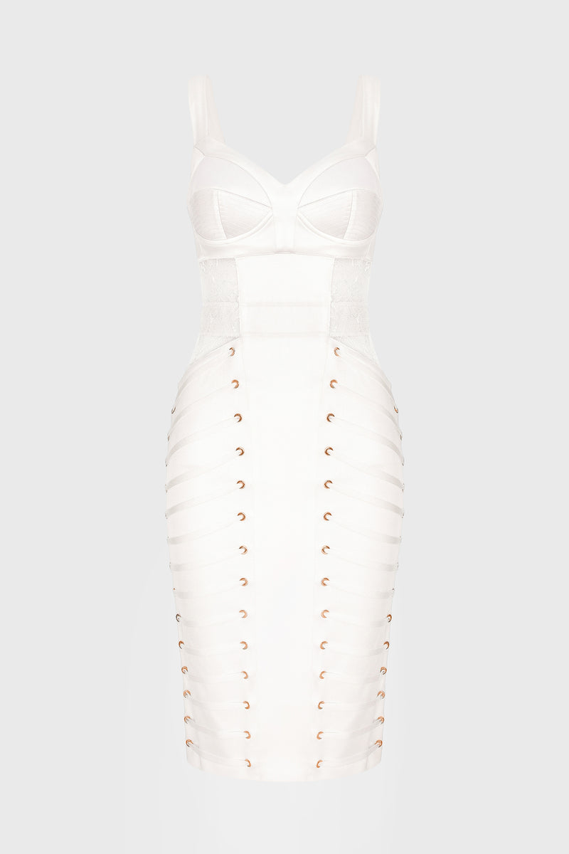 Rochie alba midi din satin si dantela Zest