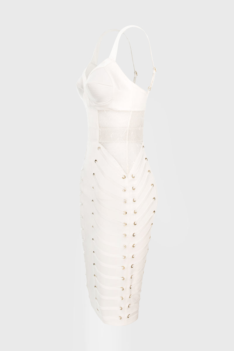 Rochie alba midi din satin si dantela Zest
