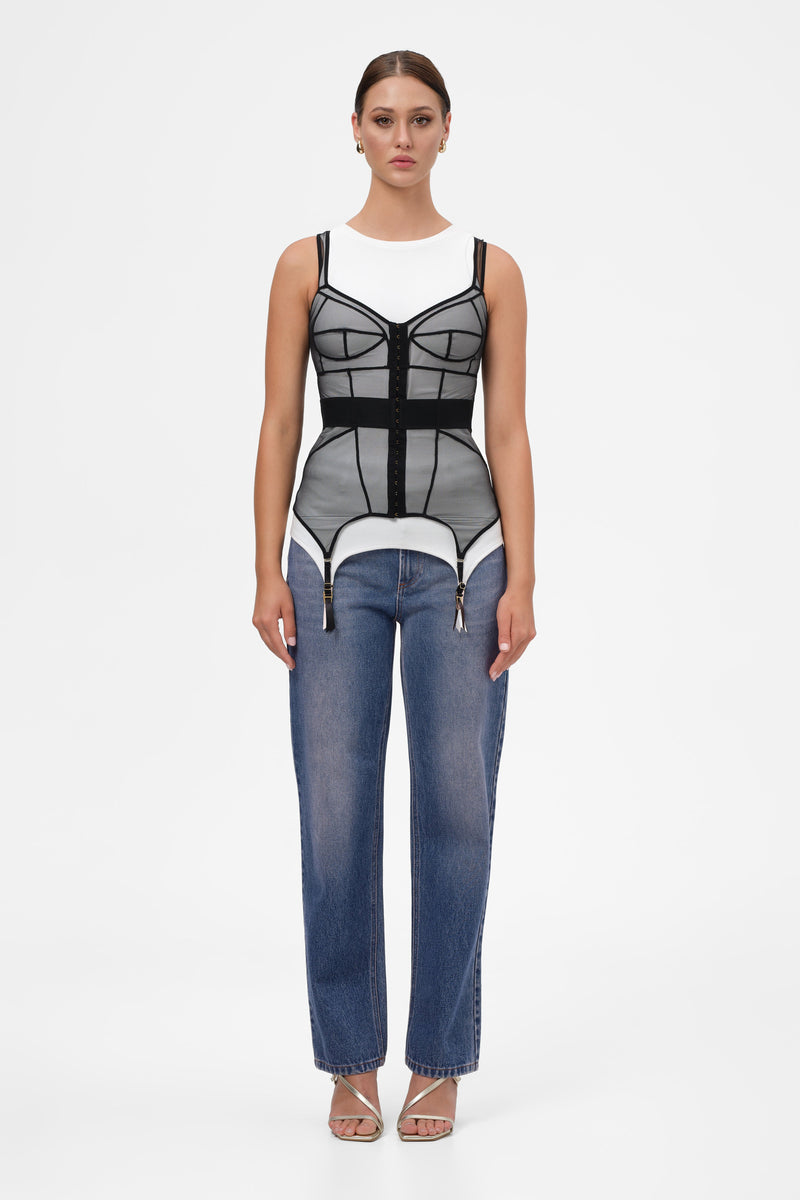 Corset negru din tul elastic cu portjartiere reglabile Zest