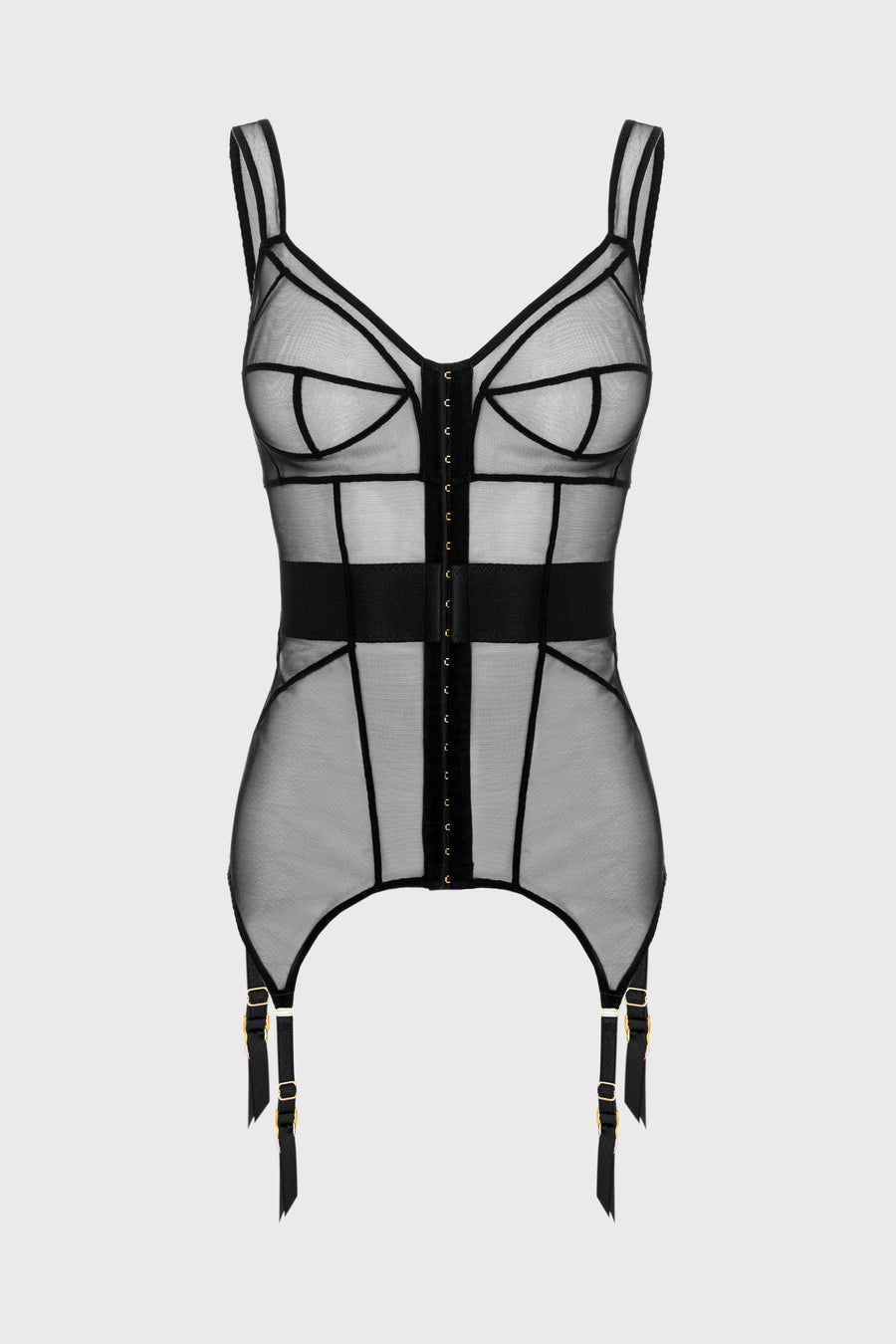 Corset negru din tul elastic cu portjartiere reglabile Zest