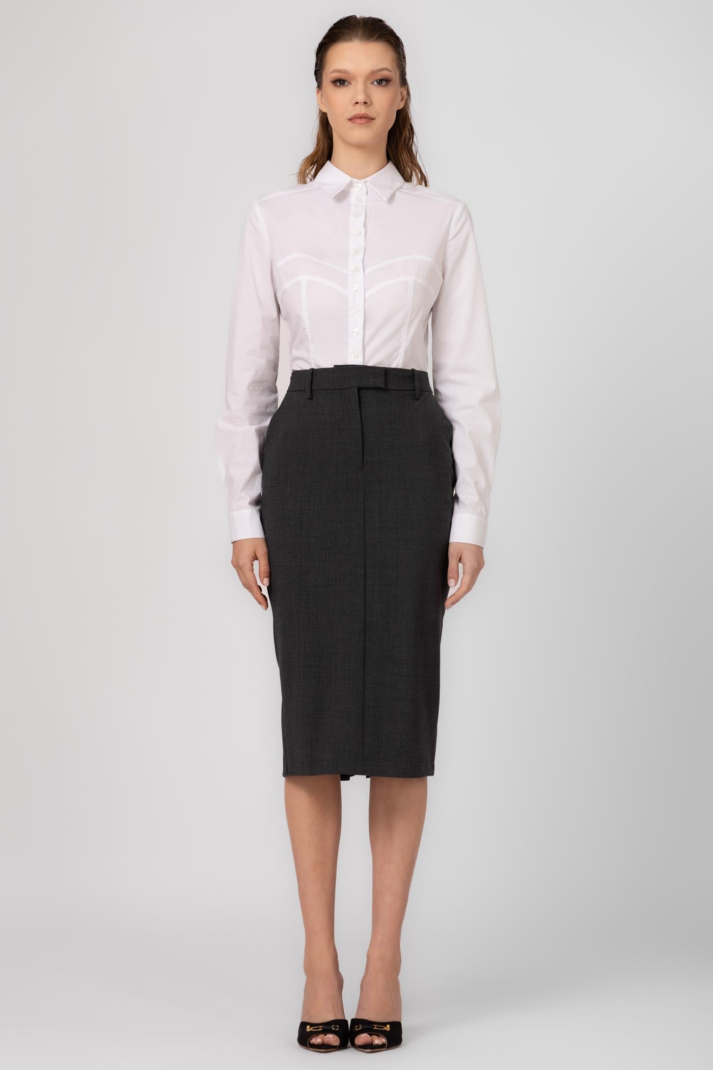 Fusta midi gri clasica din lana Formal