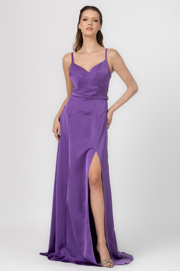 Rochie lungă violet din satin Blossom