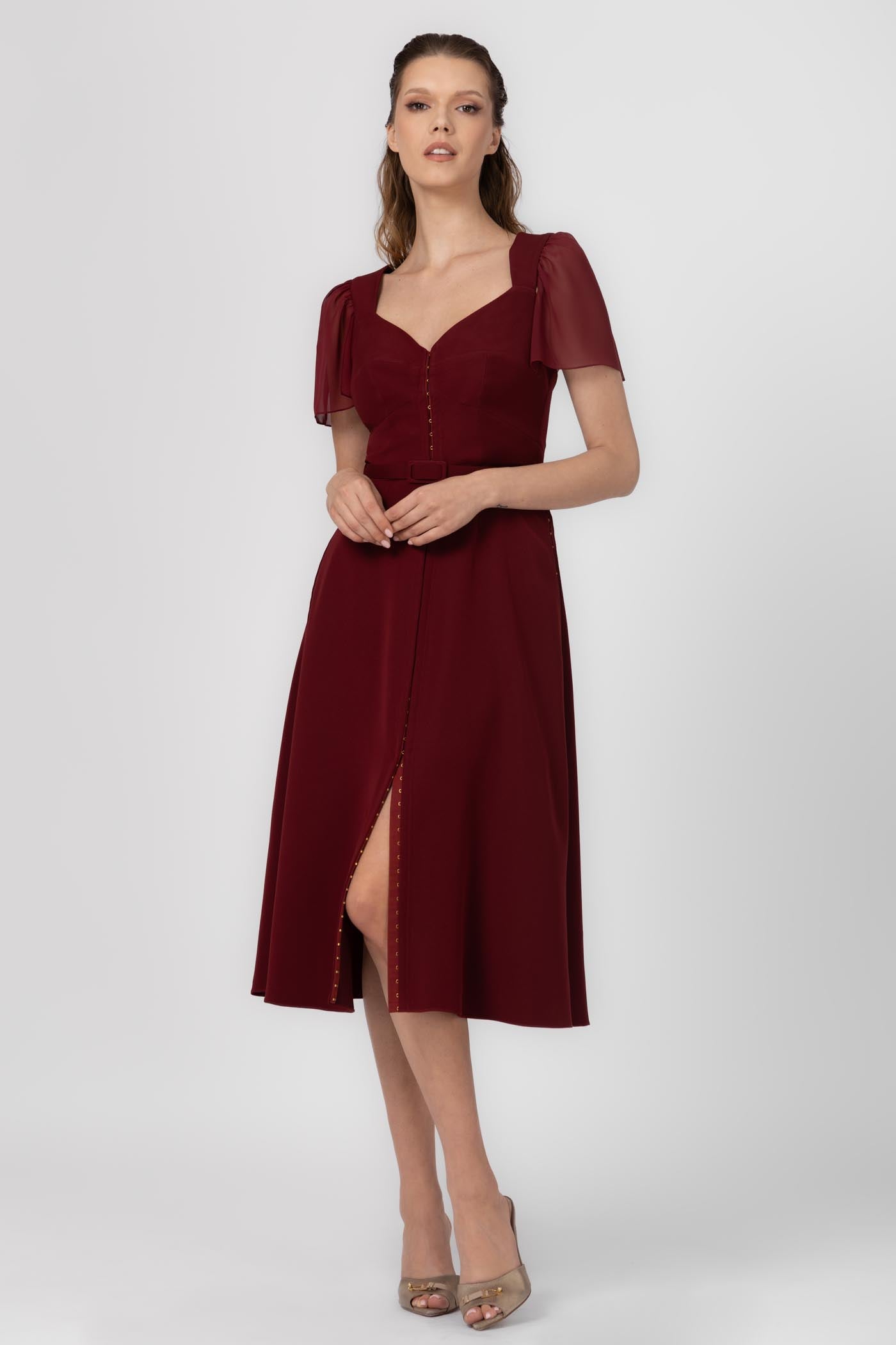 Rochie rosu inchis midi din satin Diversion