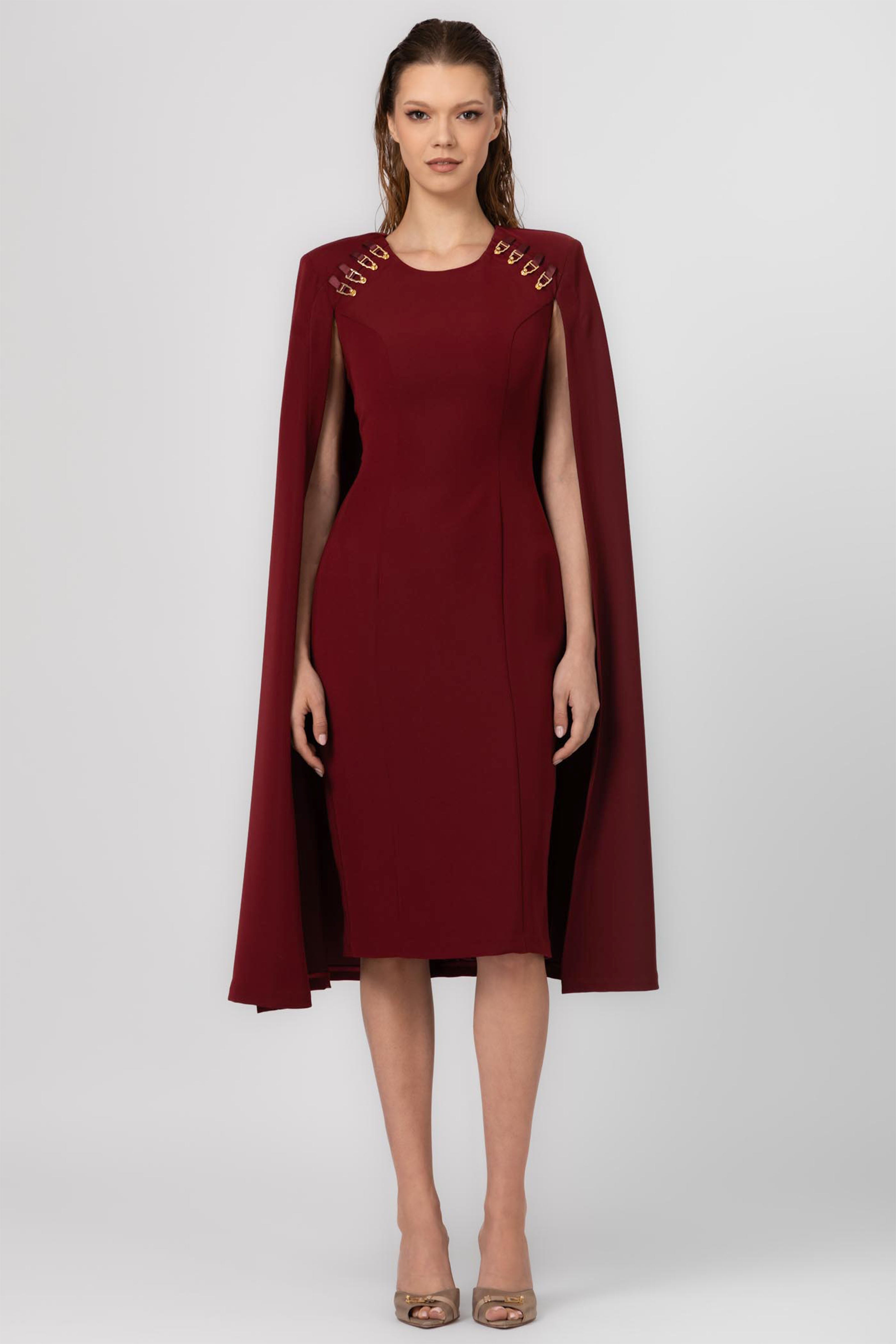 Rochie midi rosu burgund cu capa Mantle