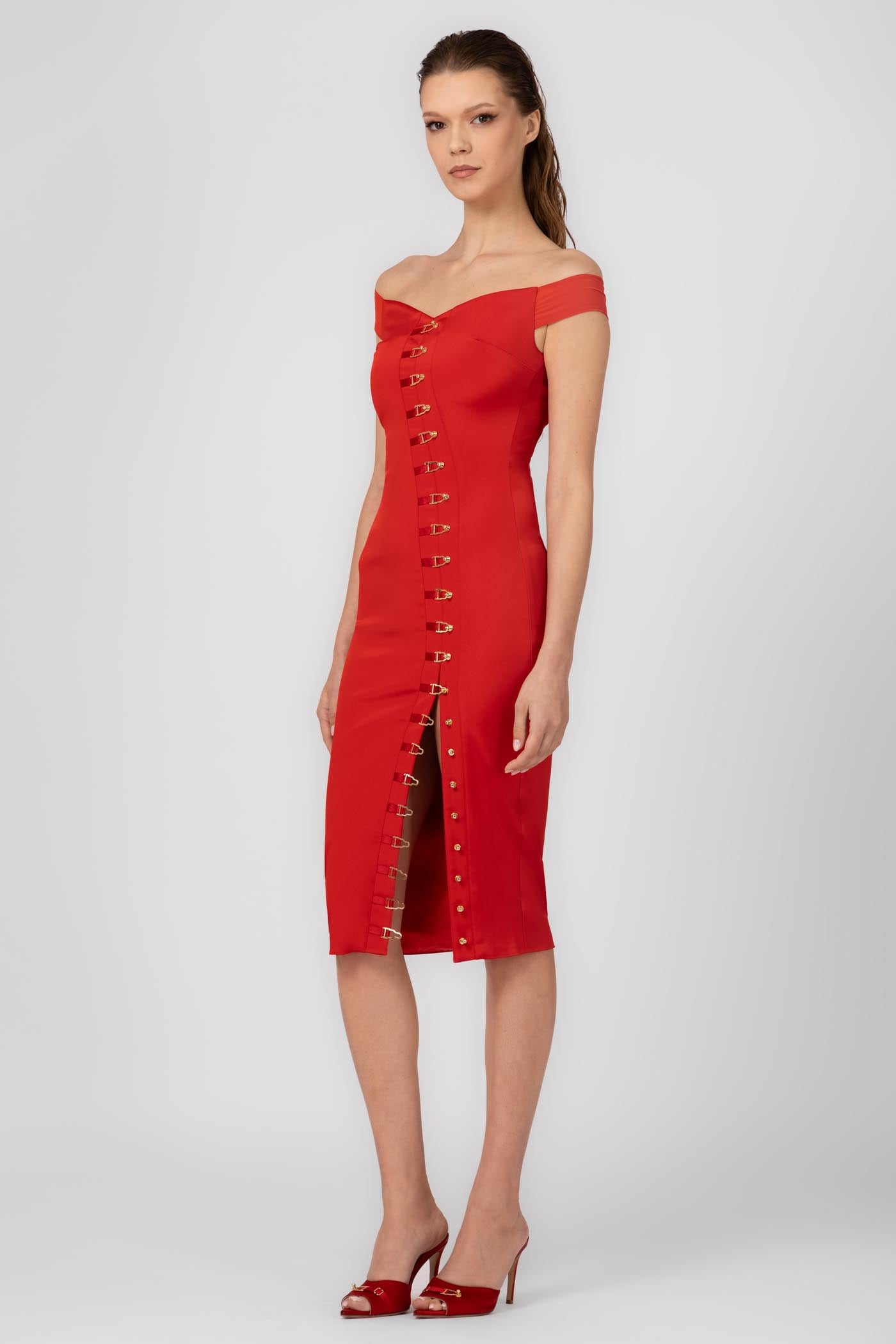 Rochie rosie mulata cu decolteu Ivy