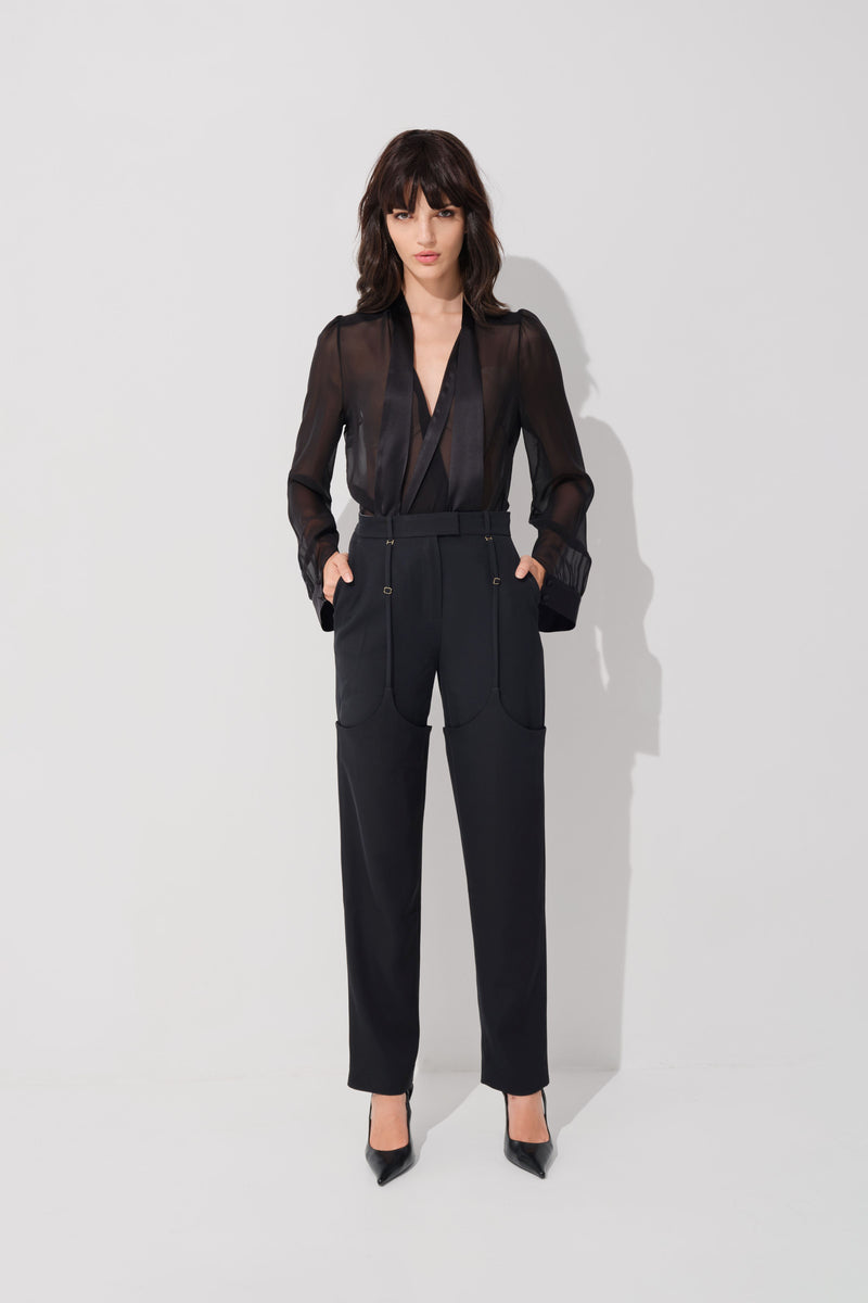Pantaloni negri din lana cu efect de portjartier Garter