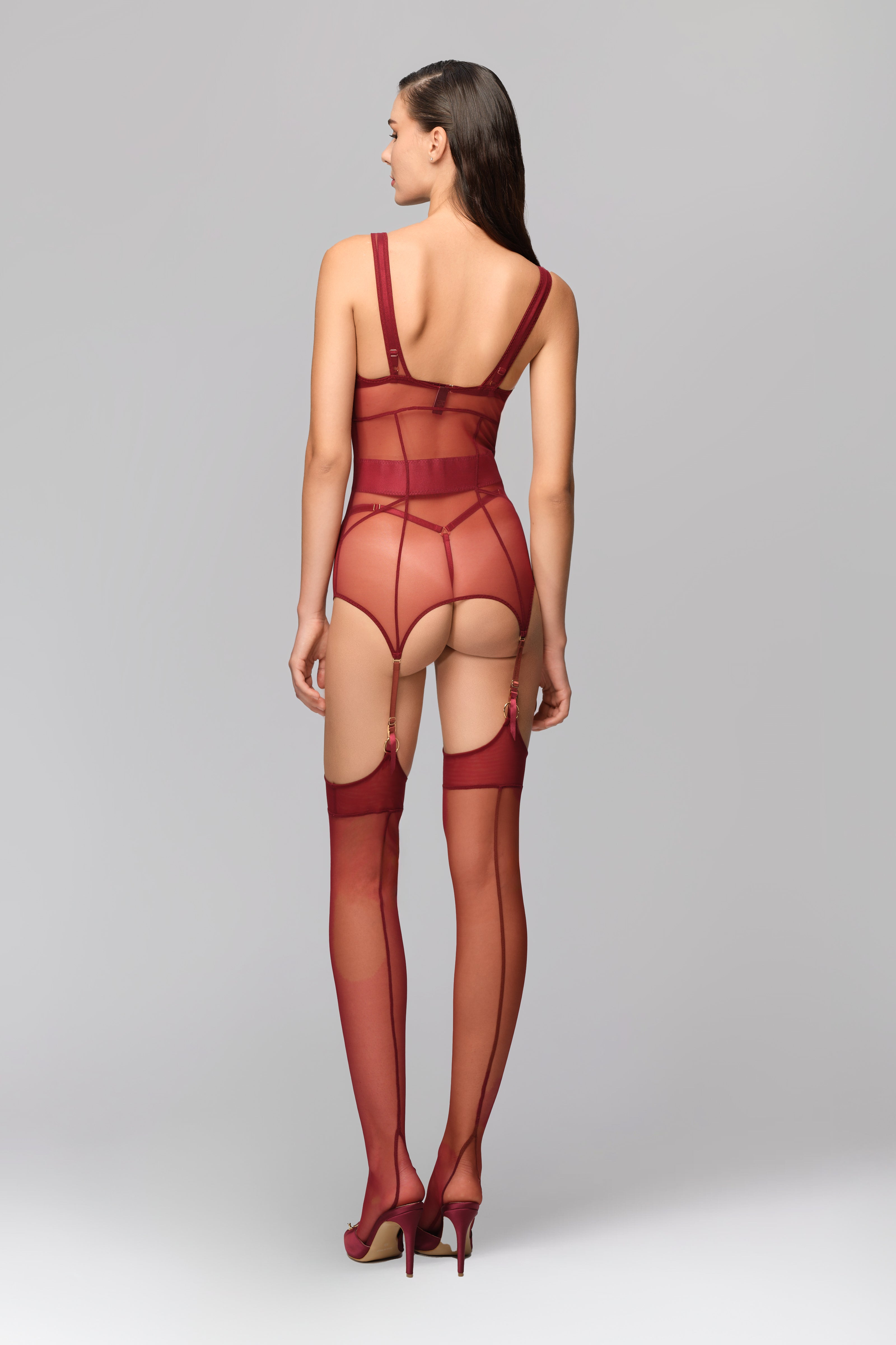 Corset rosu inchis din tulle elastic cu portjartiere reglabile Zest