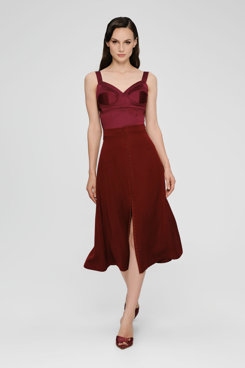 Corset rosu burgund din satin cu cupe Sculpt