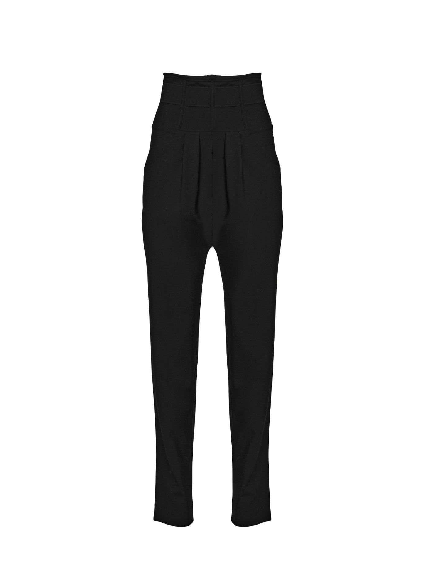 Pantaloni negri cu talie inalta corset din lana Tomboy