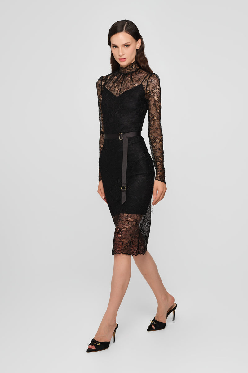 Rochie neagra midi din dantela Mist