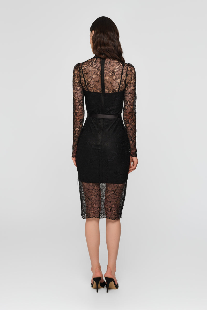 Rochie neagra midi din dantela Mist