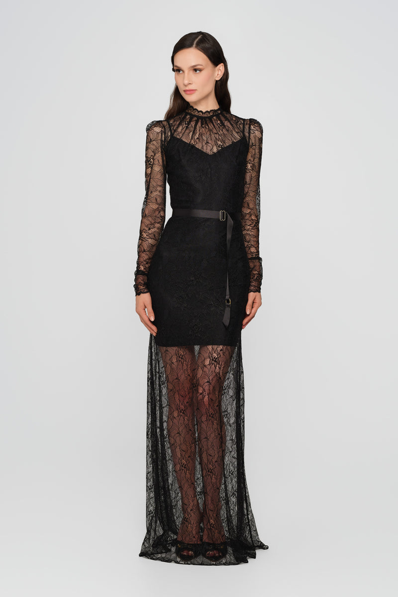 Rochie neagra lunga din dantela Mist