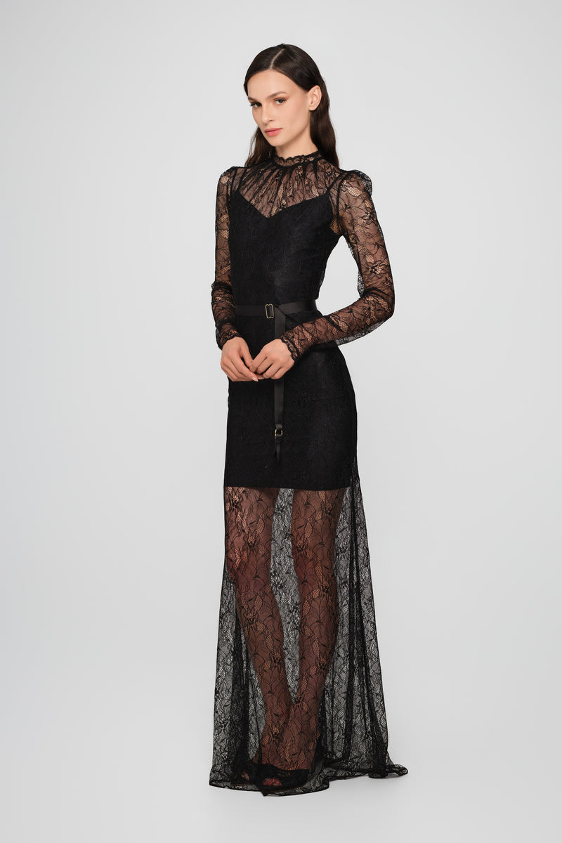 Rochie neagra lunga din dantela Mist