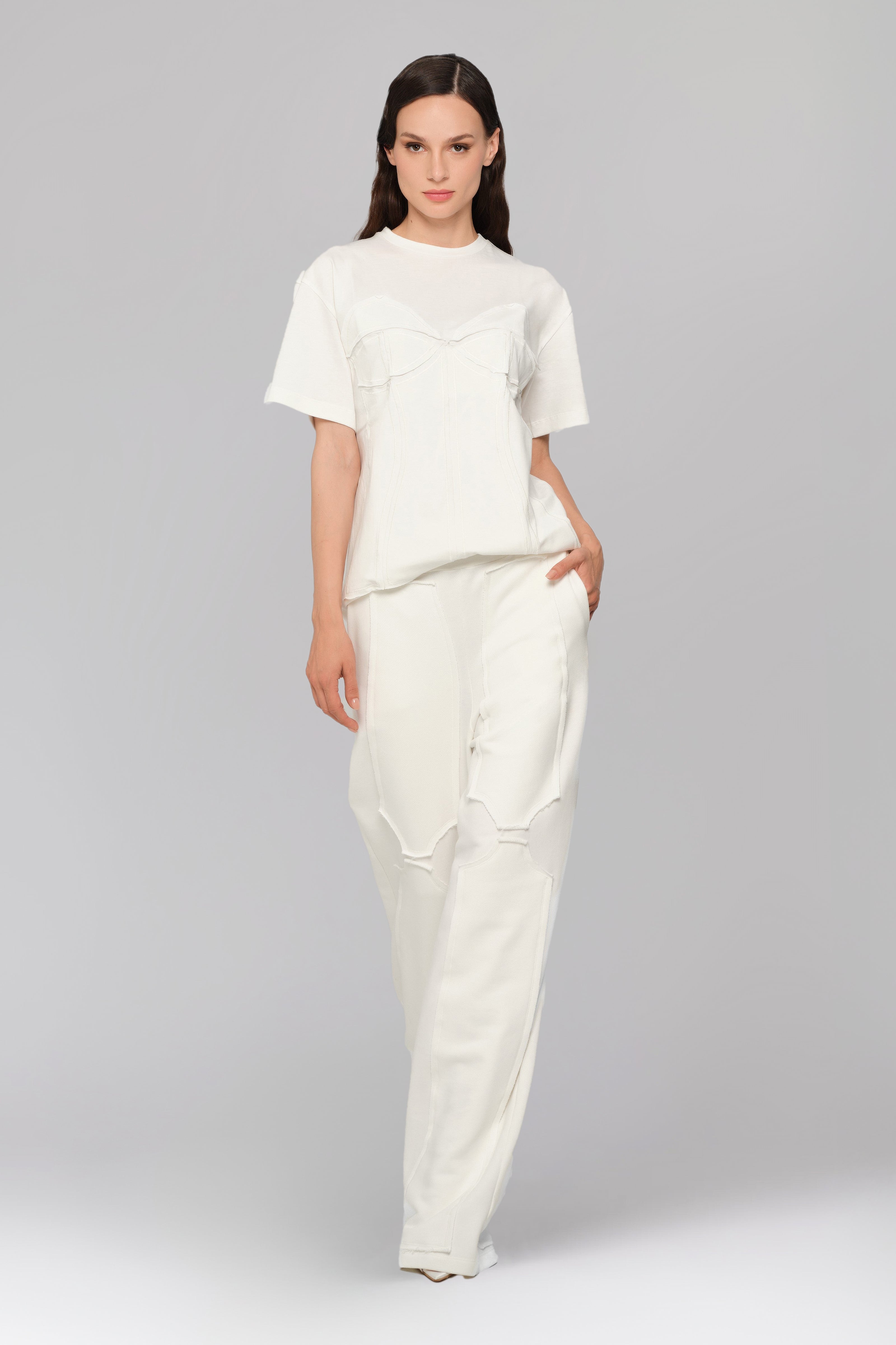 Pantaloni albi din bumbac Deconstructed