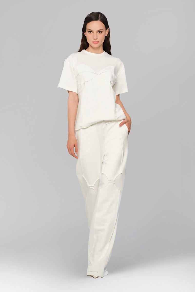 Pantaloni albi din bumbac si modal Deconstructed
