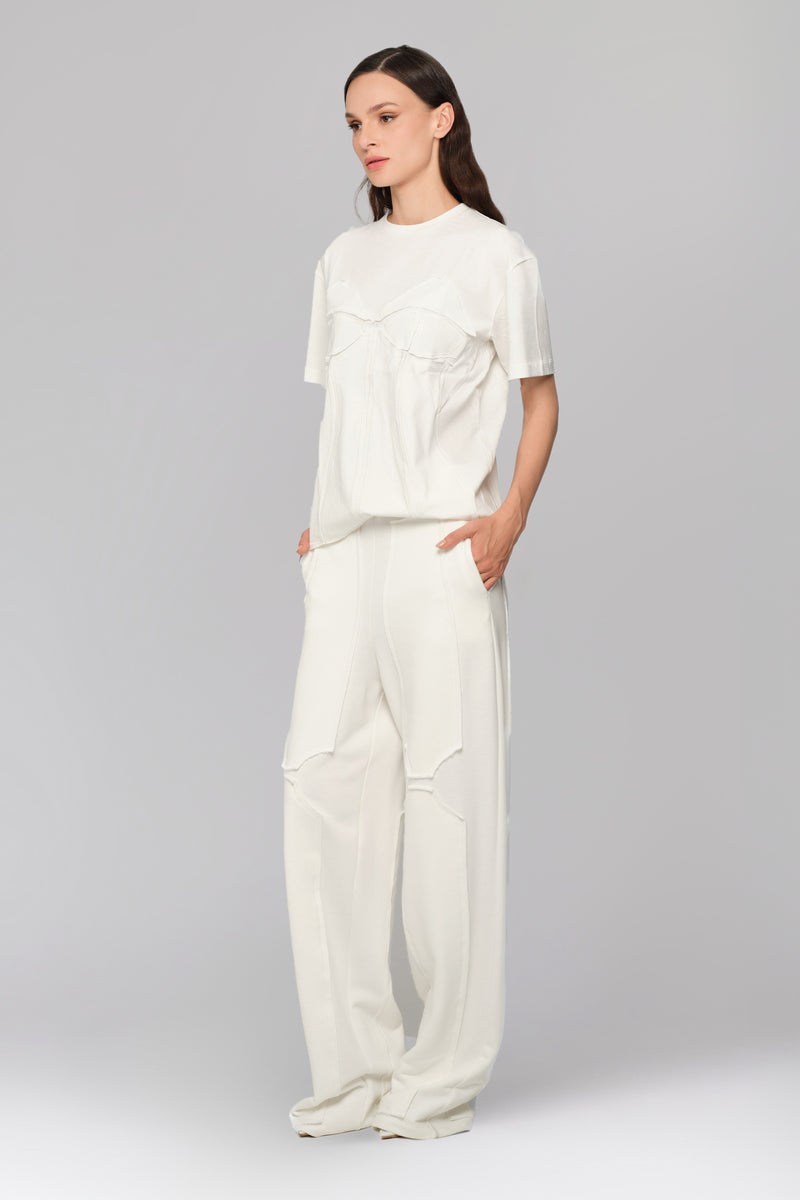 Pantaloni albi din bumbac si modal Deconstructed