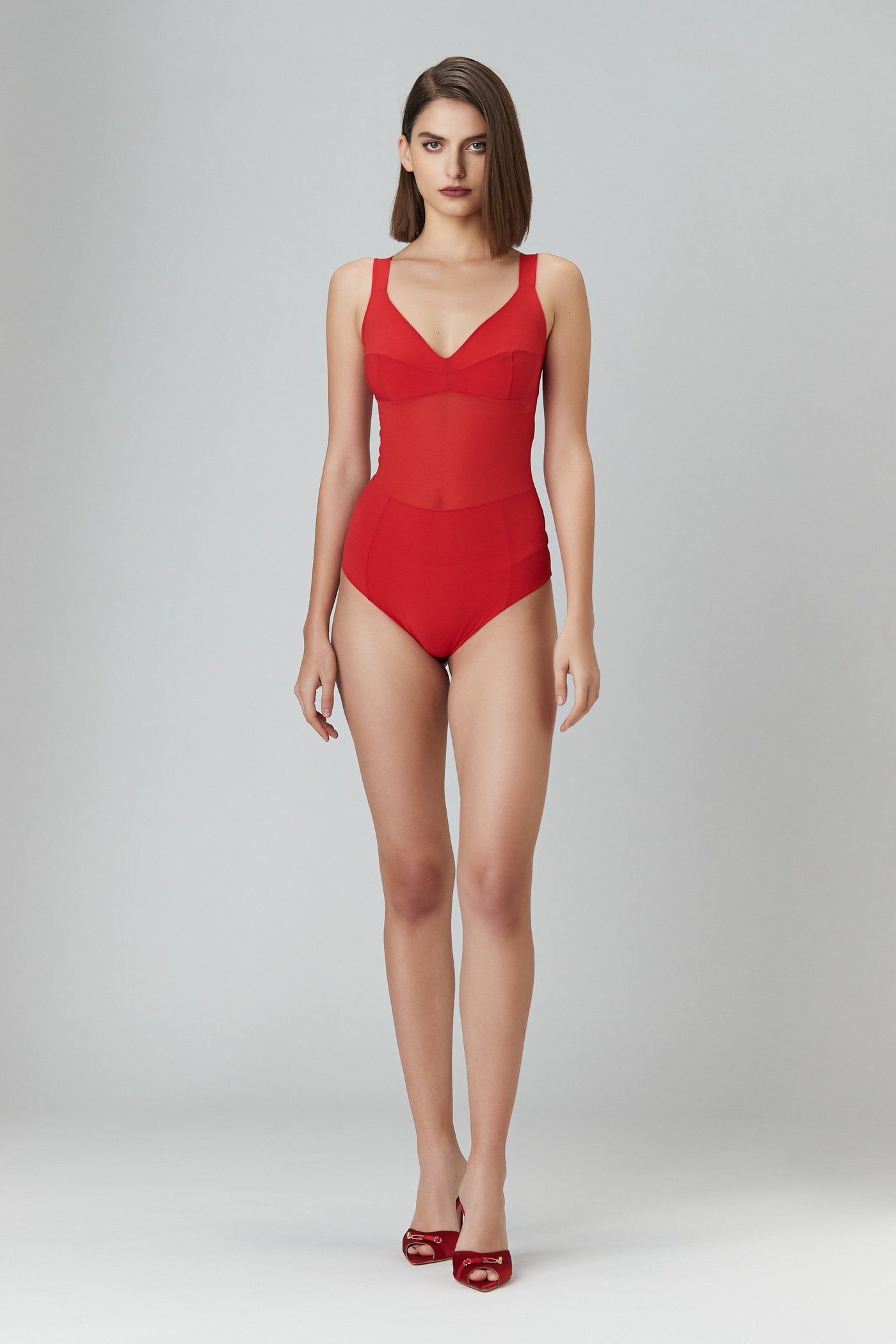 Body rosu elastic bi-elastic cu bretele Grid