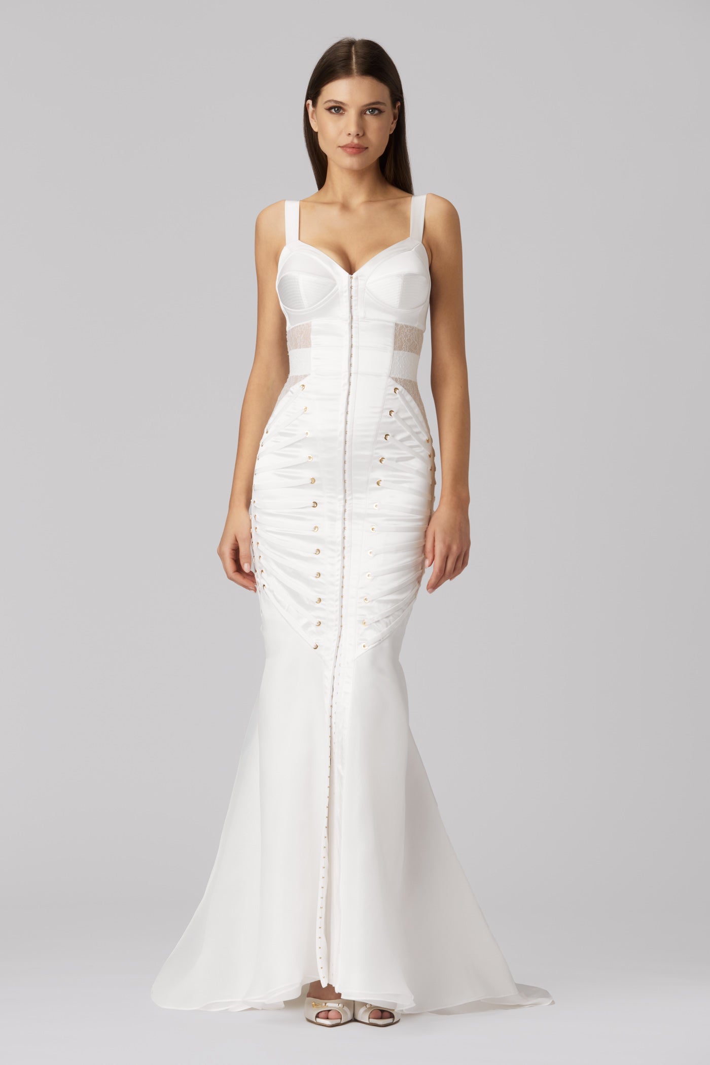 Rochie lunga alba din satin si dantela Zest